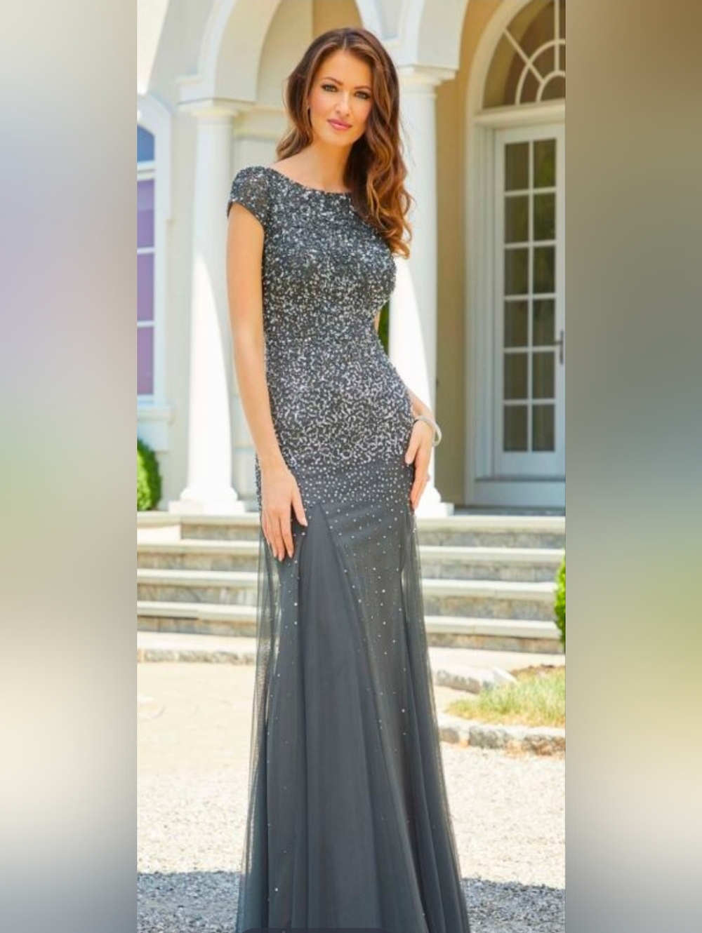 MGNY NWT Charcoal Gray Sequin Embellished Cap Sleeve Maxi Dress Size 14 #72527